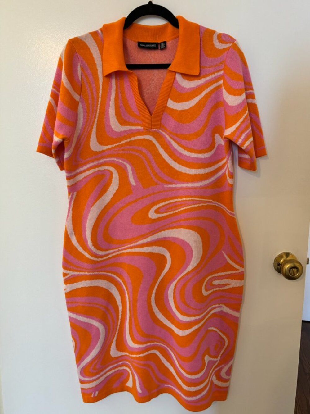 Nina Leonard Retro Pink and Orange Marble Swirl Sweater Dress Size L